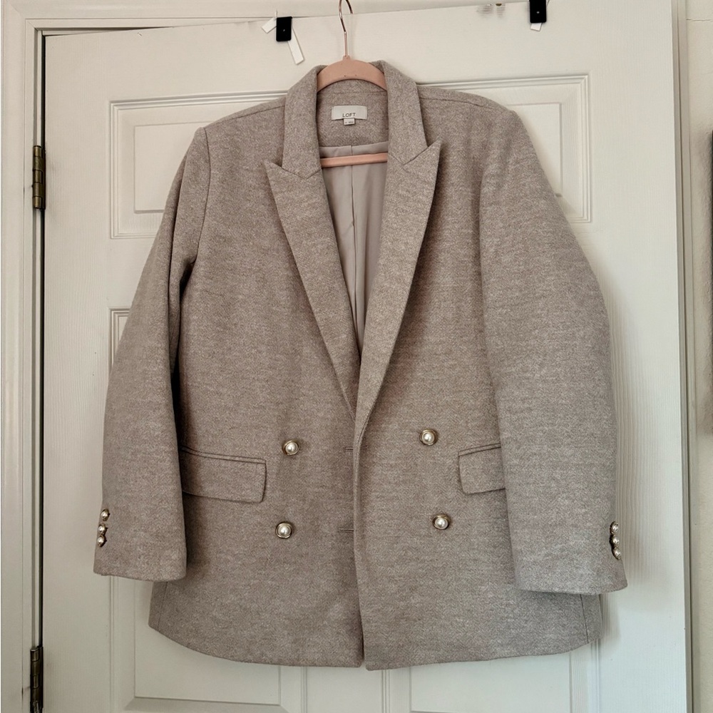 LOFT Double-Breasted Pearl-Button Blazer in Heathered Beige